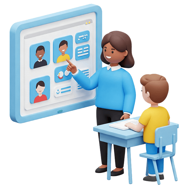 A teacher at a screen working through a page with one child at a desk