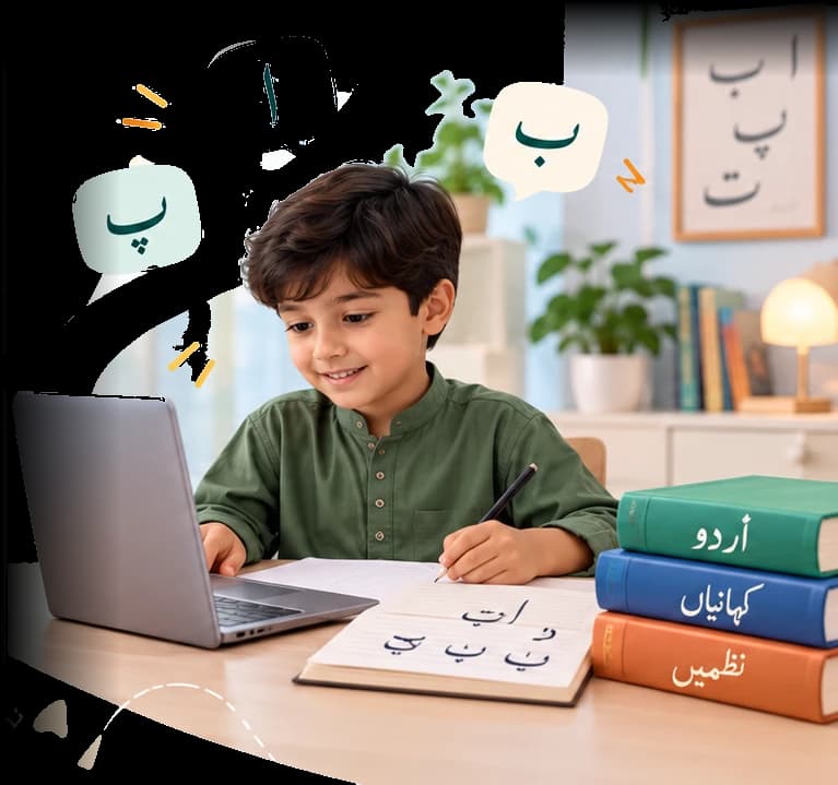 A boy at a laptop writing Urdu letters in a notebook, with Urdu books beside him marked اردو, کہانیاں and نظمیں