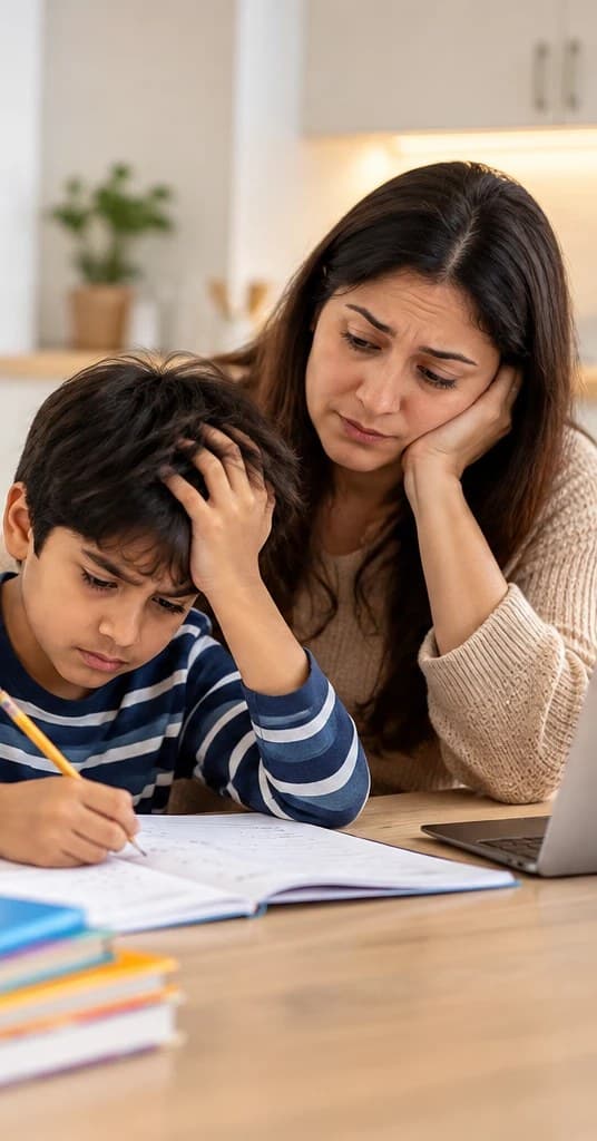 A mother sitting with her son at the kitchen table while he works through homework
