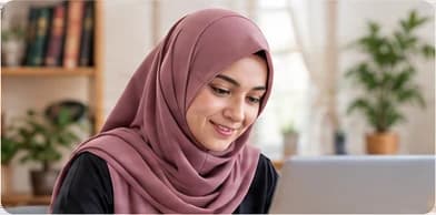 Teacher Ayesha, in a rose hijab, teaching at a laptop