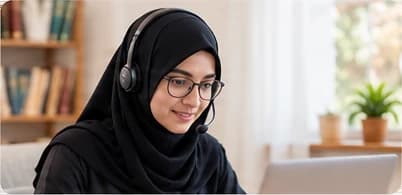 Teacher Fatima, in a black hijab and headset, teaching at a laptop
