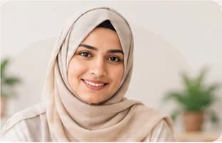 Ayesha Ma'am, in a cream hijab, smiling at the camera