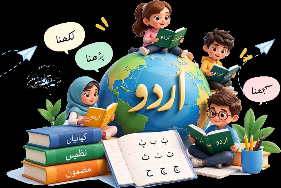 Four children reading Urdu books around a globe marked اردو, beside a stack of books labelled کہانیاں, نظمیں and مضمون and an open notepad of Urdu letters